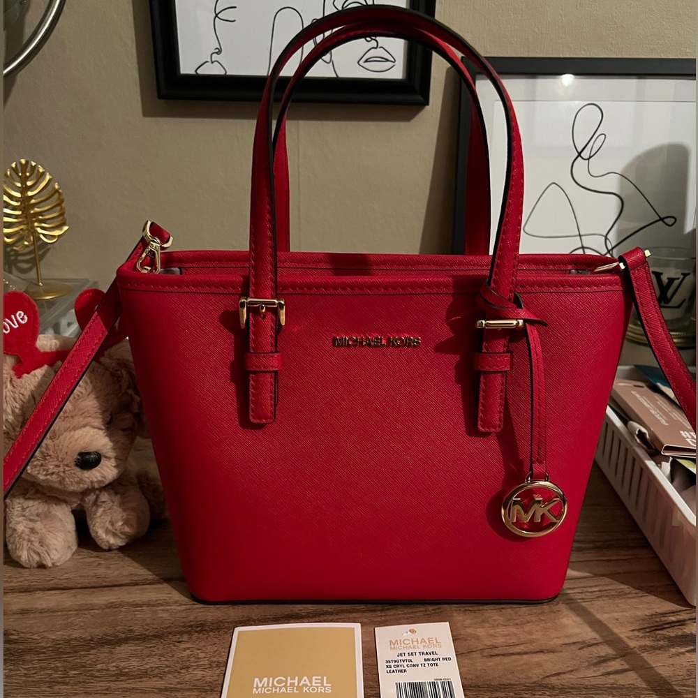 Michael Kors Jet Set Extra Small Crossbody Tote in Bright Red Saffiano Leather
